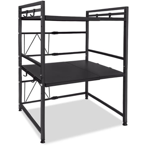 AUFUN Mensola espandibile per forno a microonde a 3 livelli con 3 ganci per appendere, spazio per bancone della cucina, organizer, supporto per stampante (44-60 cm, nero)