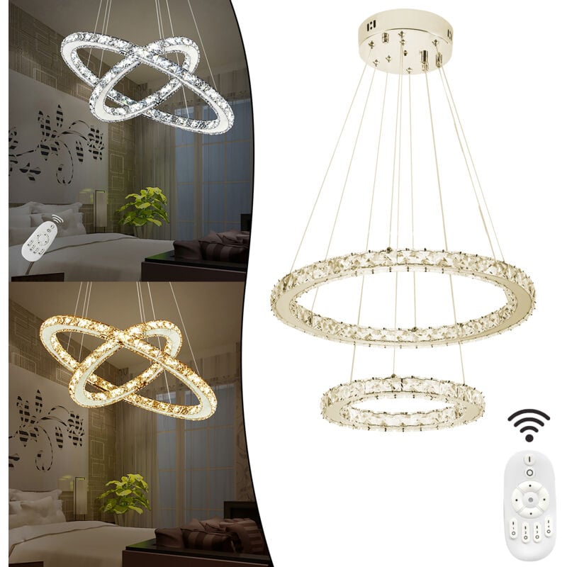 Image of Aufun - Moderno led Lampadario di cristallo a 2 anelli, Lampadario creativo, lampada da appendere per camera da letto, soggiorno, sala da pranzo,