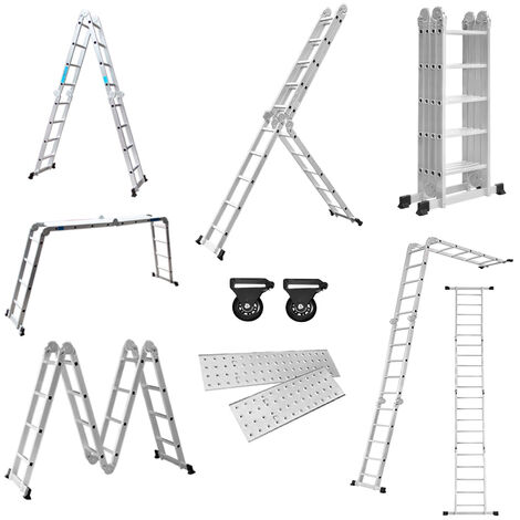 AUFUN Multifunktionsleiter Leiter Teleskopleiter mit 2 Bodentraversen 2 Gerüstplatten, Gesamtlänge  5,5m, Mehrzweckleiter max 150 kg