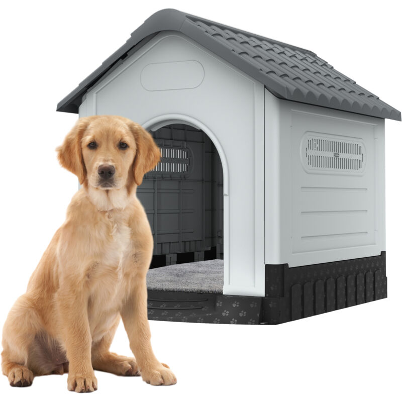 AUFUN Niche d'extérieur en plastique pour animal domestique, abri isolé hydrofuge, niche robuste avec grille d'aération et sol surélevé, lucarne,