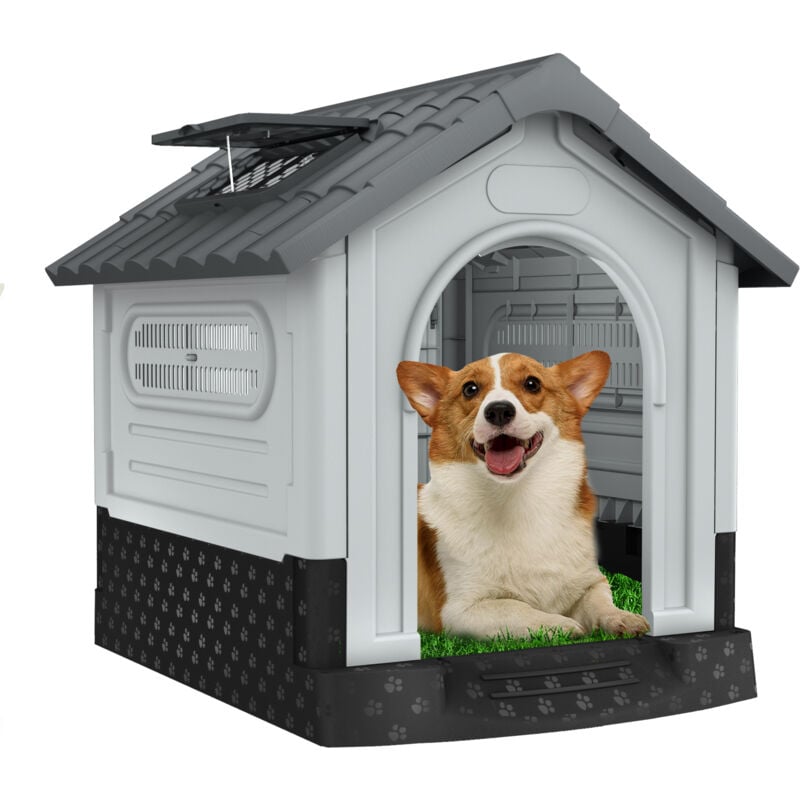 Aufun - Niche d'extérieur en plastique pour animal domestique, abri isolé hydrofuge, niche robuste avec grille d'aération et sol surélevé, lucarne,