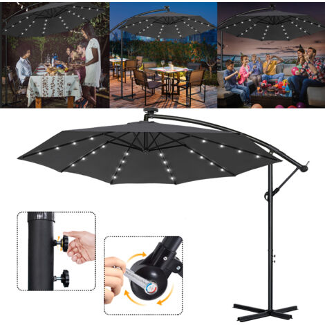 AUFUN Parasols en aluminium 300cm avec LED solaire protection UV parasol de balcon parasol de jardin Hauteur réglable(Gris foncé avec LED solaire)