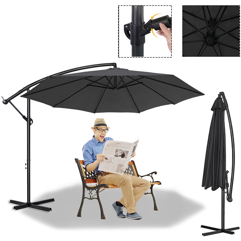 Parasols en aluminium 350cm avec manivelle protection uv 40+ - Parasol de balcon gris foncé parasol de jardin réglable en hauteur (Gris foncé) - Aufun