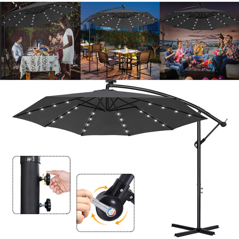 Parasols en aluminium 300cm avec led solaire protection uv parasol de balcon parasol de jardin Hauteur réglable(Gris foncé avec led solaire) - Aufun