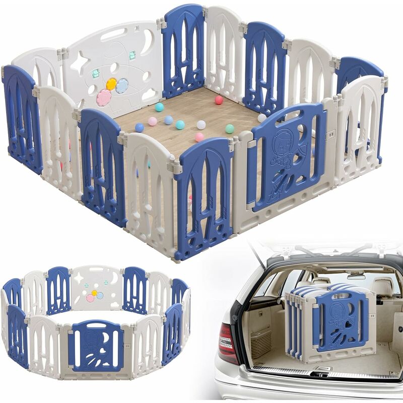 Aufun - Parc Bébé Pliable, Barrière de Sécurité avec Porte et Tableau de Jeu, 14+2 Panneaux Bleu+Blanc, Clôture pour Bébé en Plastique (14 Pièces)