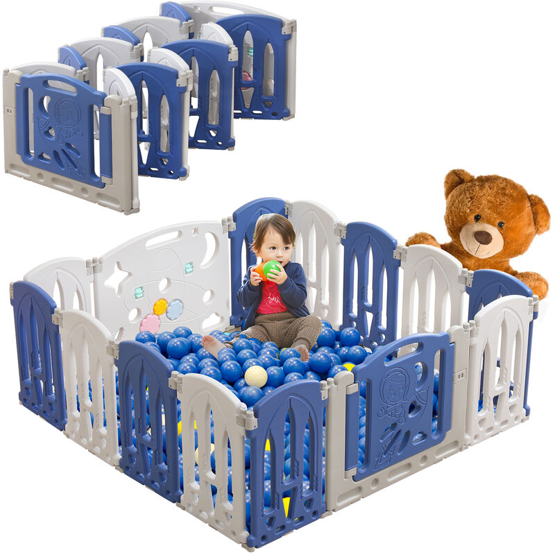 Aufun - Parc pour bébé pliable avec porte et planche à jouets, panneaux bleus et blancs - Grille de barrière pour bébé en plastique (12 Pièces)