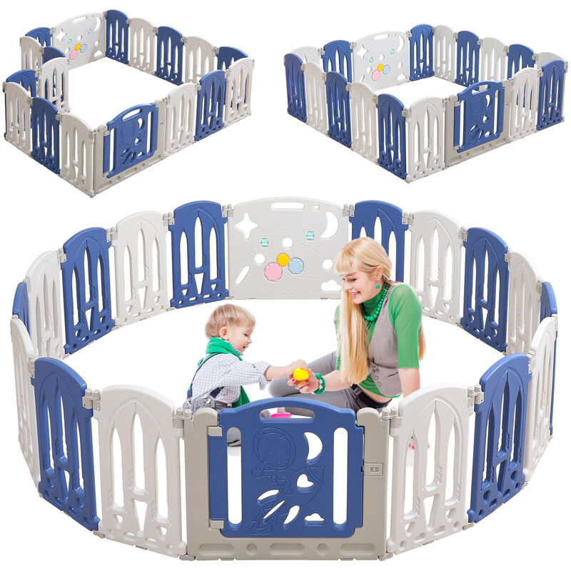 Aufun - Parc pour bébé pliable avec porte et planche à jouets, panneaux bleus et blancs - Grille de barrière pour bébé en plastique (14 Pièces)