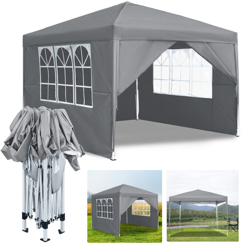Aufun - Pavillon de Jardin, Tente robuste de 3x3m avec 4 Parois Latérales et Fenêtres, Pop-Up Conception Rétractable, Protection uv, Gris - Gris