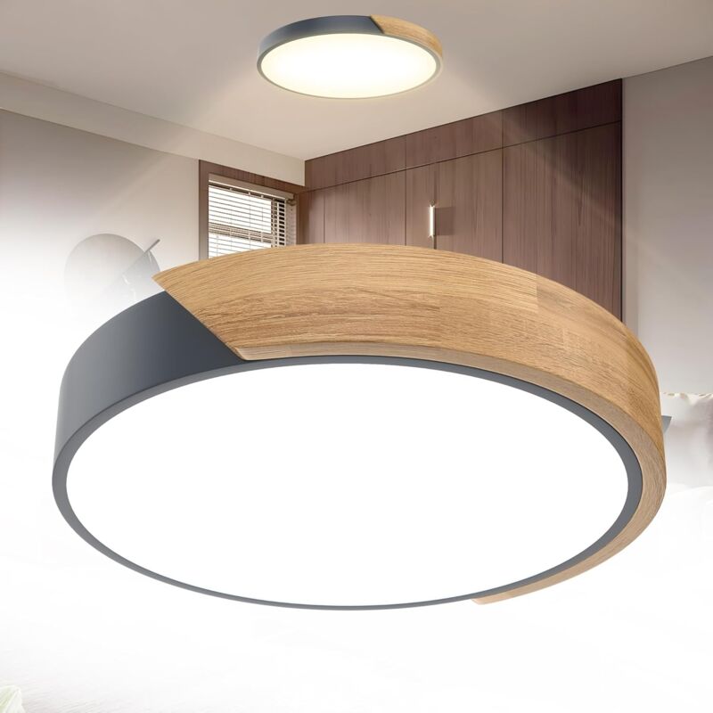 Aufun - Plafonnier led 96W en bois rond, luminaire de plafond dimmable, lumière led 2800K-6500K, pour salon, chambre, salle de bain (Bord gris)