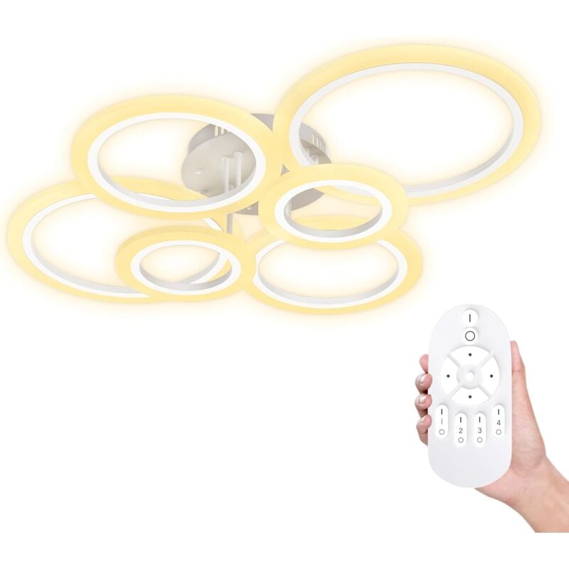 Plafonnier led 96W dimmable avec télécommande, lumière réglable, pour salon, chambre, salle de bain, 6 anneaux blancs - Aufun