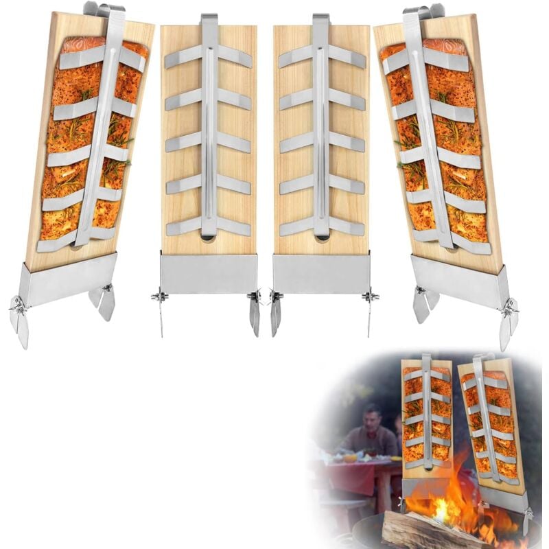 Aufun - Planche à saumon flambé Planches à saumon flambé avec support en acier inoxydable 4 pièces Planche en bois de cèdre pour griller 5 niveaux