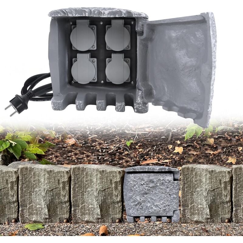 Prise de jardin en résine synthétique à effet pierre, 4 prises, distributeur de prises IP44 étanche, prise extérieure (1.5M) - Aufun