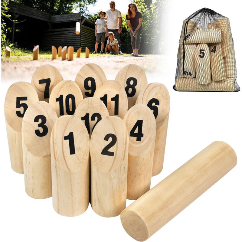 Image of Aufun - Kubb Gioco di lancio in legno per esterni, in legno di pino e con 12 numeri in legno, scacchi vichinghi, gioco di coni in legno, per bambini