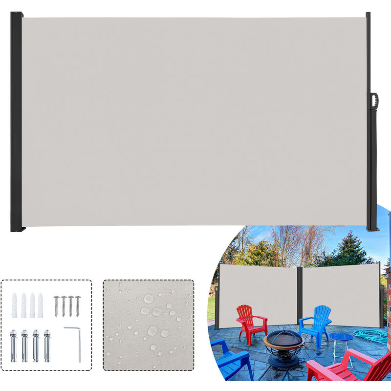 Aufun - Store latéral extensible 180 x 600 cm, double parasol polyester, brise-vent pour balcon, terrasse et jardin, Gris