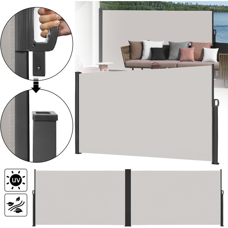 Aufun - Store latéral extensible de 200 x 600 cm, double parasol en polyester, brise-vent pour balcon, terrasse et jardin, Gris