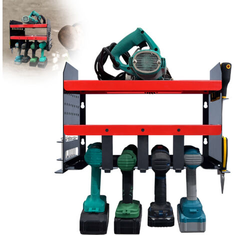 AUFUN Support de rangement pour outils de perceuse à percussion à batterie, 4 emplacements, étagère de rangement murale en métal robuste pour outils et organisation.