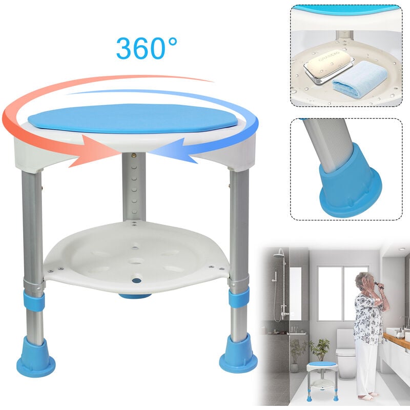 Aufun - Tabouret de douche 45-57cm Hauteur réglable et pivotant à 360° Siège de bain Bleu Aide à la douche en alu et plastique pour personnes agées