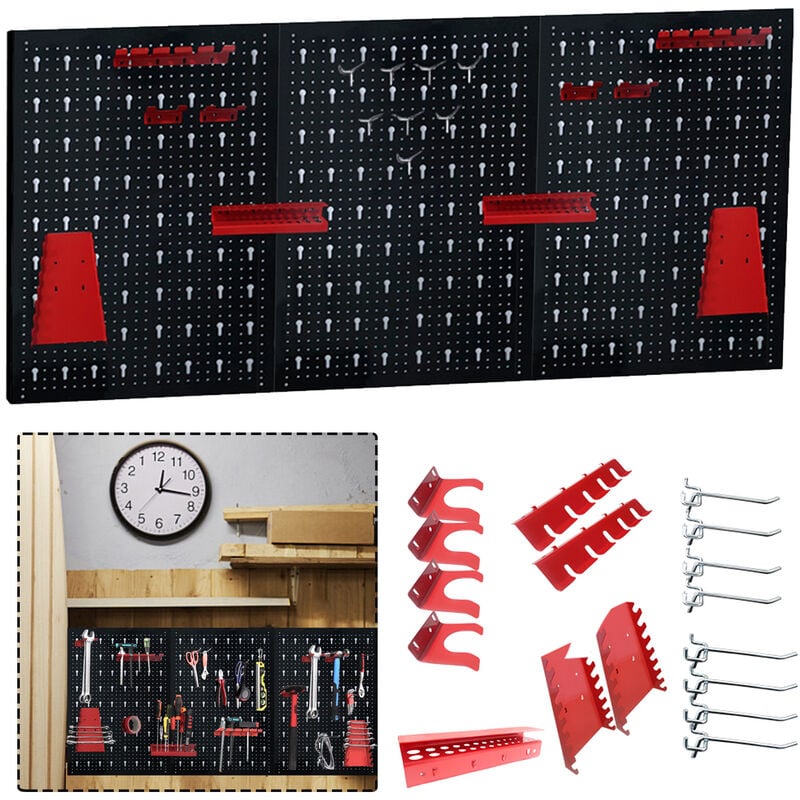 Tool Panneau perforé mural Porte-outils en métal Panneaux à outils en trois parties avec ensemble 17 pièces 120 x 60 x 2 cm Noir et rouge - Aufun