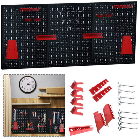 AUFUN Tool Panneau perforé mural Porte-outils en métal Panneaux à outils en trois parties avec ensemble 17 pièces 120 x 60 x 2 cm Noir et rouge