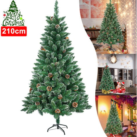 AUFUN Weihnachtsbaum künstlich, 2.1m Künstlicher Christbaum Weiß mit Schnee und Zapfen,inkl. Christbaum Ständer (210cm, Schnee-Effekt+Kiefernzapfen)