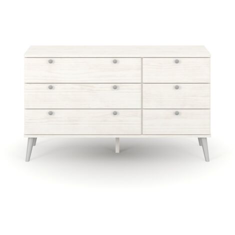 Augusta Curve 3+3 Drawer Wide Chest - Pine/Plastic - L39.5 x W119.3 x H73.6 cm - White/Silver - Flat Packed