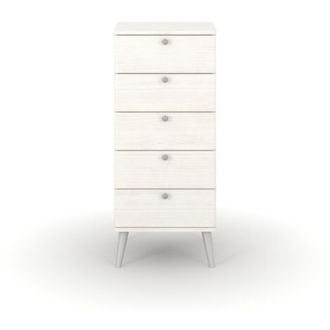 Augusta Curve 5 Drawer Narrow Chest - Pine/Plastic - L39.5 x W45 x H90.3 cm - White/Silver - Flat Packed