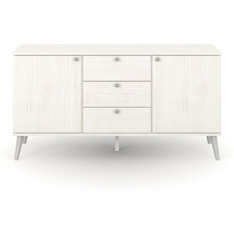 Augusta Curve Medium Sideboard with 2 Doors, 3 Drawers - Pine/Plastic - L43 x W130.6 x H73.6 cm - White/Silver - Flat Packed