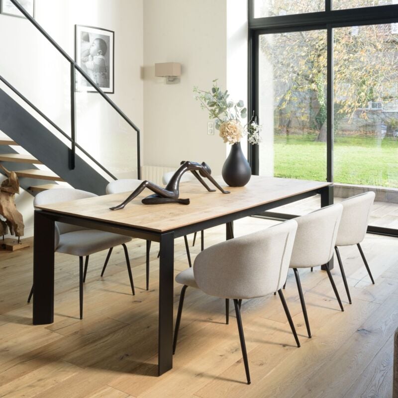 Macabane - augustin - Lot de 2 chaises tissu écru dossier arrondi pieds acier noir