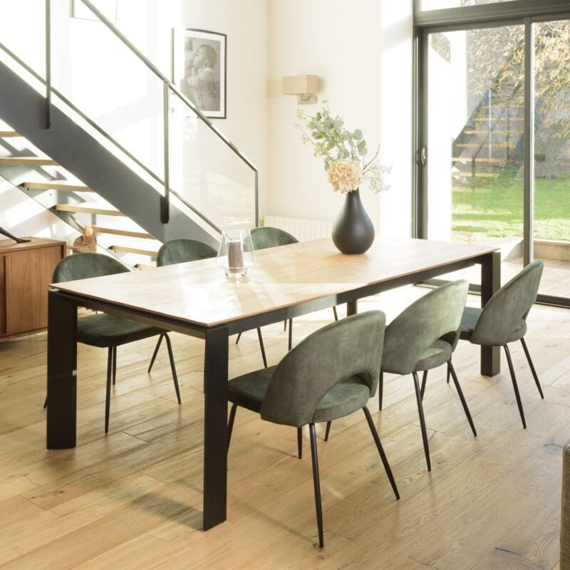 AUGUSTIN - Lot de 2 chaises velours vert sapin dossier ouvert pieds acier