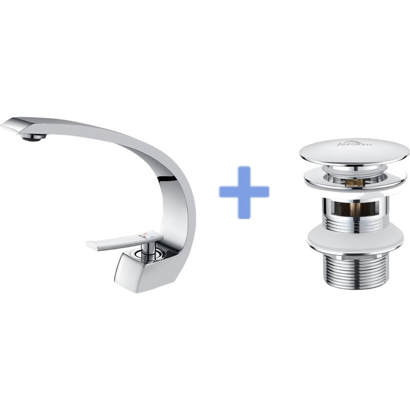 Auralum Arc Mitigeur Lavabo en Laiton Monotrou avec Mousseur Démontable+Bonde de Lavabo Bonde Pop-up avec Trop-plein Automatique Universelle