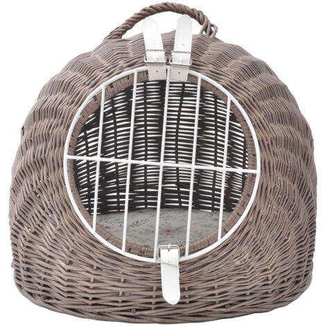 Aumüller Katzenhöhle/Transportkorb aus Vollweide, Vintage Grau/Braun inkl. Liegekissen - 50 cm