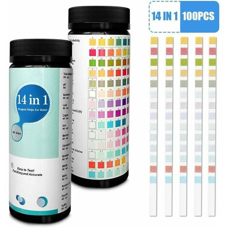 Aunrtb Lot de 100 bandelettes de test 14 en 1 pour l'eau potable et l'eau du robinet, détection facile et rapide de la dureté, pH, taux de brome, nitrate et plus encore