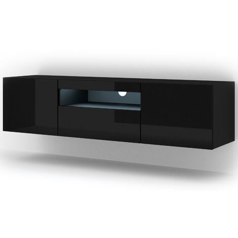 BIM FURNITURE AURA 150 cm, mobile TV a parete o in piedi, nero opaco / nero lucido + LED