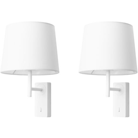 Aura - 2 Apliques de Pared para Dormitorio E27 con Interruptor ON/OFF en la Base. Color Blanco con Pantalla de Textil