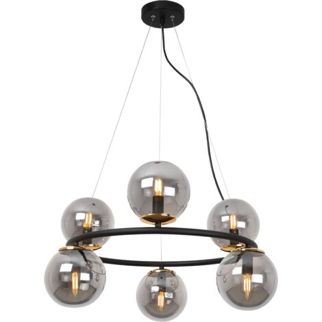 AURA SCHWARZ-GOLD-HÄNGELAMPE 6 FLACHE GRAPHIT-LAMPENSCHIRME E14