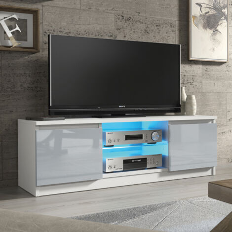 Aura TV Unit  - White with Grey Gloss Doors & LED - 120cm