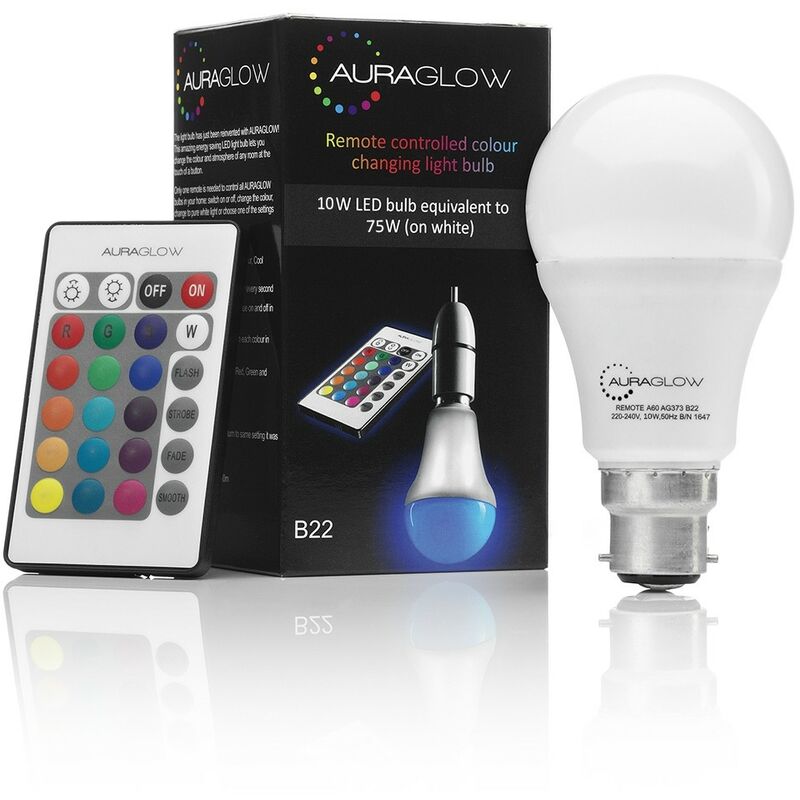10w Remote Control Colour Changing LED Light Bulb B22, 75w EQV Warm White Dimmable Version - 3rd Generation - Auraglow
