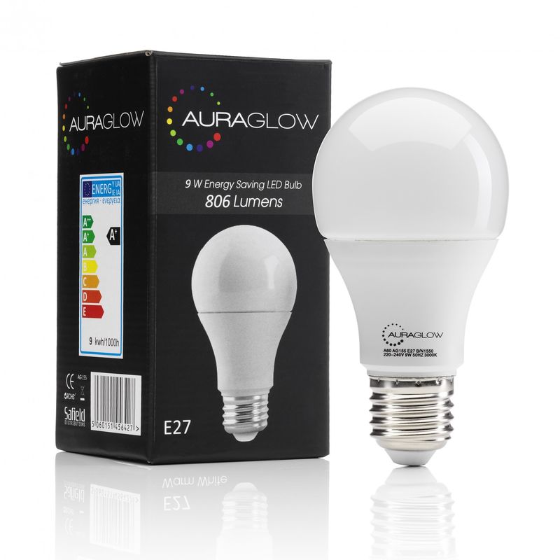 9w LED E27 Screw Light Bulb, Daylight Cool White, 806 lumen, 60w Equivalent - FOUR PACK - Auraglow