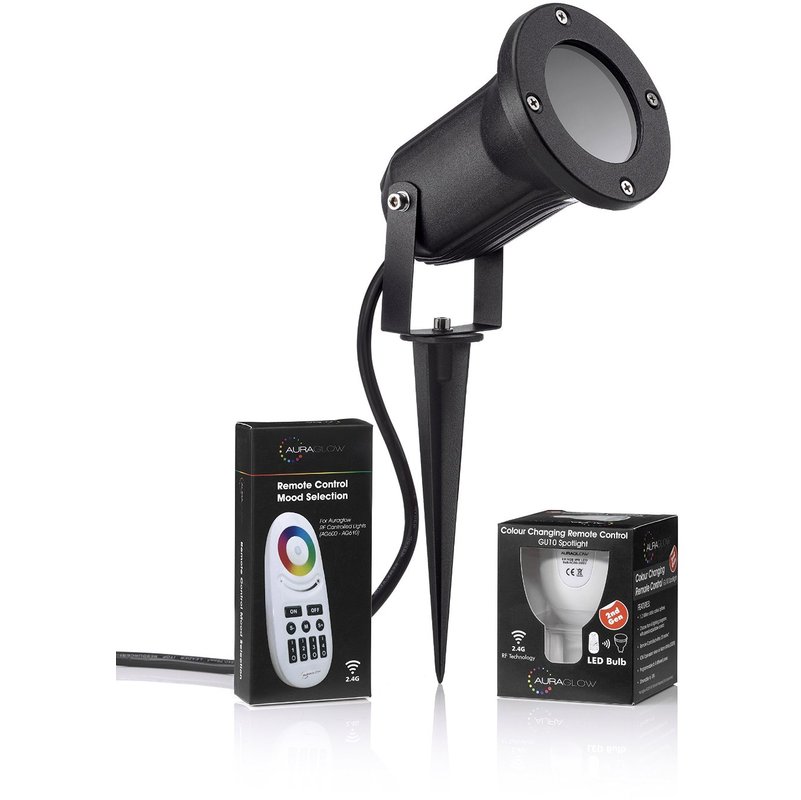 Auraglow - Deep Recessed GU10 Holder Garden Spike Light Outdoor Uplighter & rf Remote Control Colour Changing led Light Bulb Bundle - Four Pack