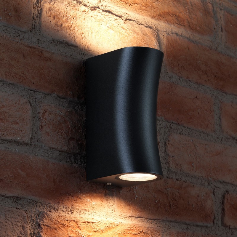 Auraglow IP44 Outdoor Double Up & Down Wall Light - Curved - Black - Warm White LED Bulbs Included