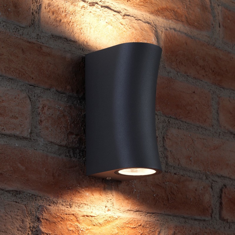 Auraglow IP44 Outdoor Double Up & Down Wall Light - Curved - Grey- Warm White LED Bulbs Included