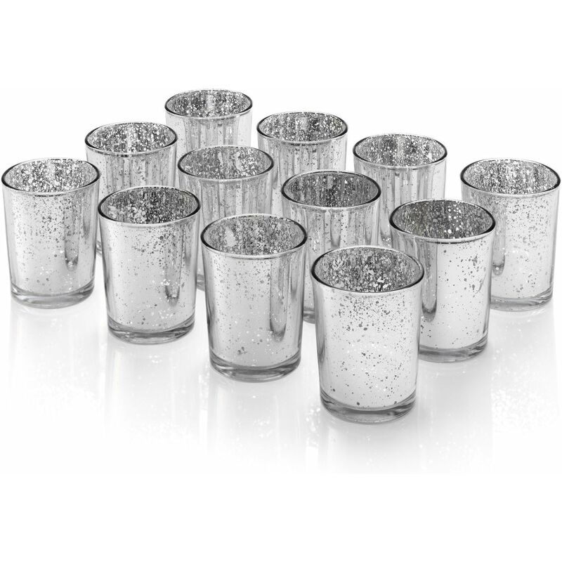 Image of Mercury Glass Votive Candle Tealight Holder 2.75H Set of 12 Speckled Silver for Weddings, Parties and Home Décor - Auraglow