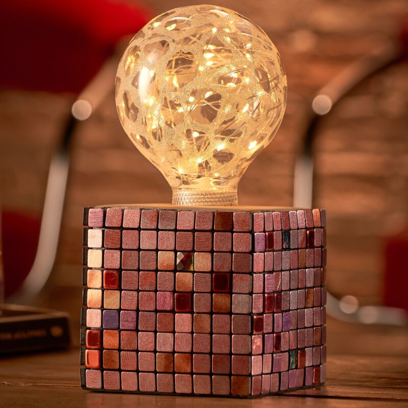 Auraglow Mysa Modern Contemporary Colourful Mosaic Effect Stone Cement Cube Bedside Desk Table Lamp/Light - with Starry Warm White LED Bulb [Energy