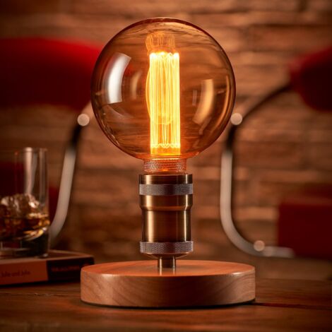 Auraglow Mysa Vintage Retro Wooden Round Base Mechanical Twist Switch Brass Table, Desk or Bedside Lamp/Light