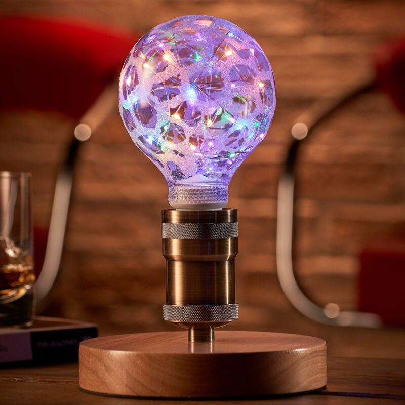Auraglow Mysa Vintage Retro Wooden Round Base Mechanical Twist Switch Brass Table, Desk or Bedside Lamp/Light - with Starry Multi-Coloured LED Bulb