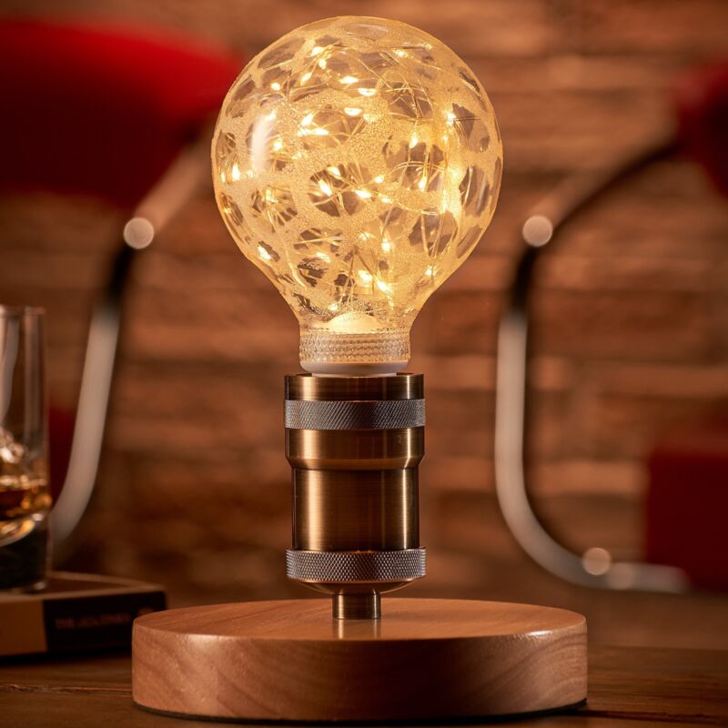Auraglow Mysa Vintage Retro Wooden Round Base Mechanical Twist Switch Brass Table, Desk or Bedside Lamp/Light - with Starry Warm White LED Bulb