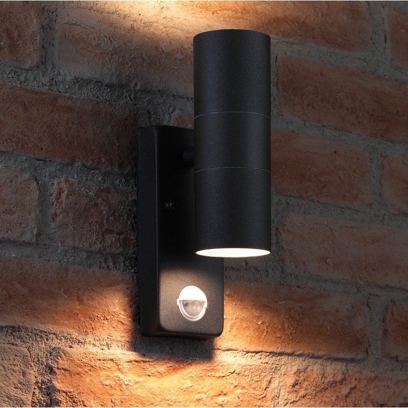 Auraglow PIR Motion Sensor Stainless Steel Security Lamp Up & Down Outdoor Wall Light - Black