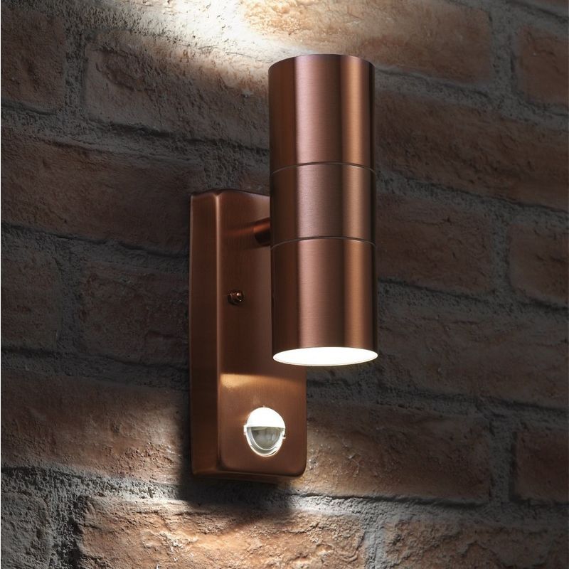 Auraglow PIR Motion Sensor Stainless Steel Up & Down Outdoor Wall Security Light - Cool White - Copper Finish
