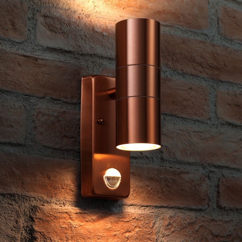 Auraglow PIR Motion Sensor Stainless Steel Up & Down Outdoor Wall Security Light - Copper - Warm White