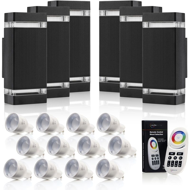 Auraglow RF Remote Control Colour Changing LED Double Up & Down Outdoor Wall Light - Black - 6 Pack